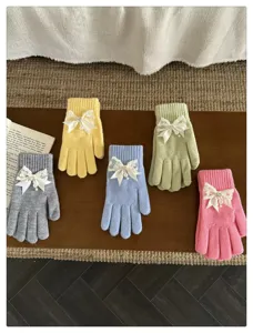 French style pearl lace bow knit gloves for women, warm and cozy winter five-finger mittens.