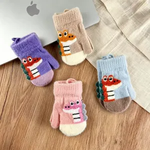Children Winter Warm Fleece Lined Gloves Cartoon 3D Dinosaur Mittens For Kids Boys Girls Toddlers Cold Weather Thermal Gloves With Rope