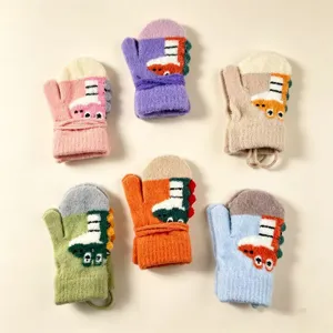 Winter warm thick plush children gloves cute cartoon dinosaur kids knitted mittens detail