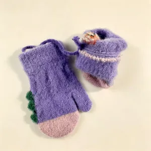 Kids winter cute dinosaur fuzzy mittens warm thick knit gloves for toddler boys and girls