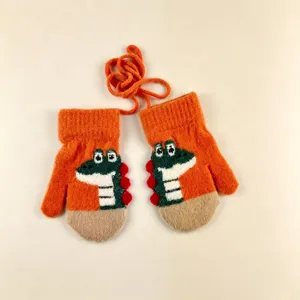 Cute kids winter warm knitted mittens with dinosaur pattern and neck string detail.