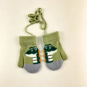 Children winter warm cute cartoon dinosaur knitted mittens with anti-lost string detail shot.