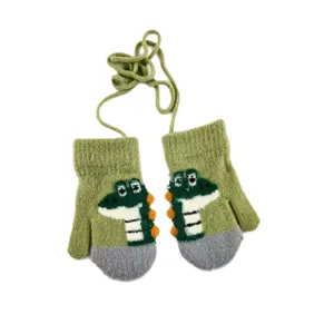 Kids winter knit gloves with cute cartoon dinosaur design and anti-lost string, warm plush.