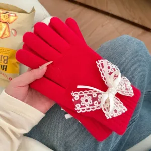 Women red knitted gloves with white lace pearl bow cute warm winter gloves main view