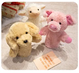 Plush animal hand puppets set, soft golden retriever lamb and pink pig toys for family interactive.