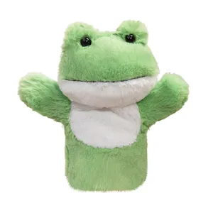 Green frog plush hand puppet soft interactive toy for kids storytelling and fun playtime.