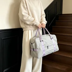 Borsa da viaggio casual in nylon con cinghie viola, grande borsa weekend per donne