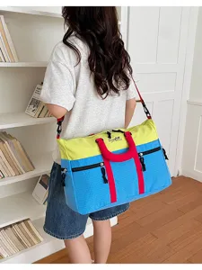 Dopamine color-block travel duffel bag, large capacity canvas weekender bag for women