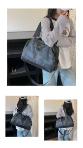Detail view of the women's travel duffel bag, showing large capacity and carrying ways clearly.