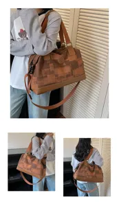 Large capacity travel duffel bag for women, stylish brown patchwork weekender bag for travel.