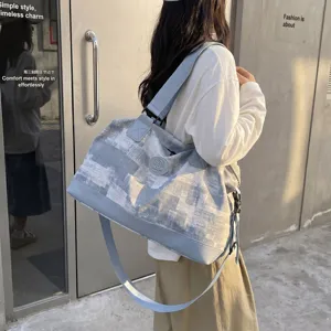 Large capacity canvas travel duffel bag stylish blue printed shoulder bag for women daily