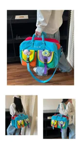 Colorful canvas travel bag with cute plush charms, large capacity gym bag for women.