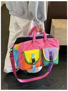 Color-blocked travel duffle bag, multi-pocket lightweight fitness gym bag with adjustable strap.