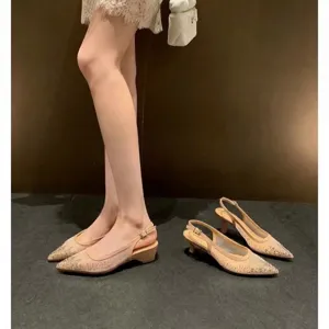 Women pointed toe mesh rhinestone slingback low heel shoes elegant summer party dress pumps