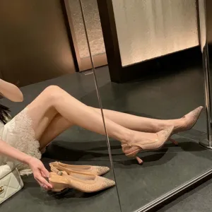 Elegant pointed toe mesh rhinestone slingback kitten heels women's stylish dress shoes for party.