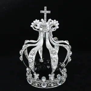Corona Strass Argento Decorazione Torta Perla Croce Tiara Compleanno Festa Deco