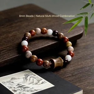 Natural multi-wood beaded bracelet with 8mm round beads and carved accessories for vintage style.