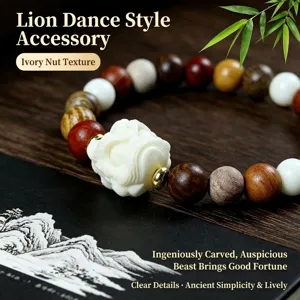 Multi-treasure wood beaded bracelet with carved ivory fruit lion pendant vintage fashion jewelry