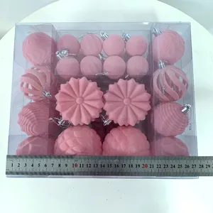 Pink flocked Christmas baubles set, decorative ornaments in clear box with size display.