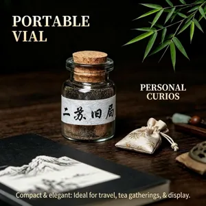 Close-up detail of traditional Chinese incense pills in a small glass bottle with cork.