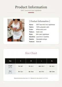 Camisón sexy de satén con ribete de encaje, cuello en V, tirantes ajustables y abertura lateral.