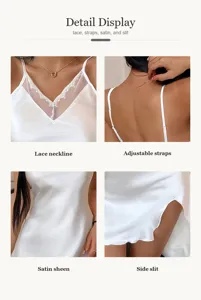 Detalles en primer plano del camisón de raso de seda con cuello en V de encaje y abertura lateral.