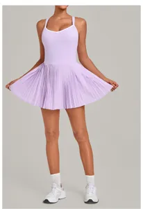 Light purple backless tennis dress with pleated skirt design and breathable activewear fabric.