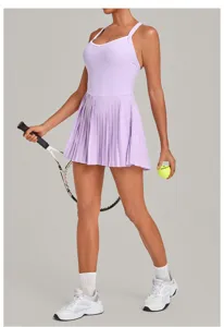 Detailed view of the lavender pleated tennis dress with contrast trim, offering style and active comfort.