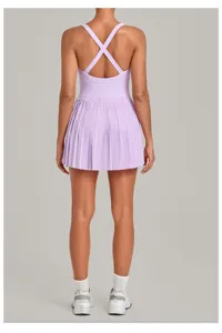 Women athletic tennis dress activewear purple pleated backless sports dress fitness workout.