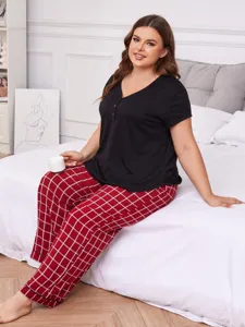 Plus size women summer pajama set short sleeve v-neck top and plaid long pants sleepwear