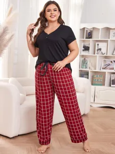 Plus size women pajama set short sleeve v-neck top and red plaid long pants sleepwear.
