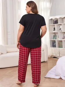 Plus size women pajama set short sleeve top and red plaid pants comfortable sleepwear.