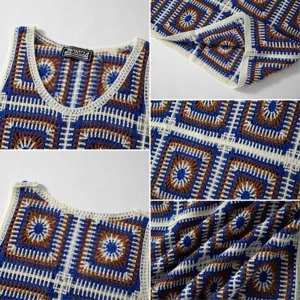Detail view of bohemian colorblock crochet knit vest, vintage square pattern fabric.
