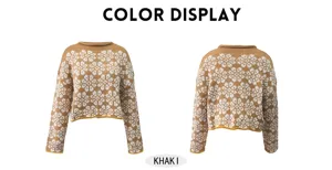 Knit sweater detail view showing long sleeves, classic round neckline, and jacquard pattern.
