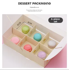 Boîte d'emballage pour dessert pastel avec six compartiments pour macarons et pâtisseries.