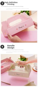 Vue détaillée de boîtes d'emballage en papier portables roses et beige pour macarons et gâteaux.