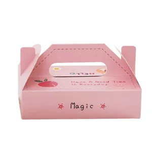 Boite d'emballage dessert en papier rose avec poignee pour macarons, patisseries et gateaux.