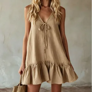 Bohemian V-neck sleeveless tie-front ruffle hem loose summer dress in stylish khaki.