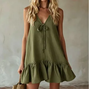 Olive green sleeveless V-neck tie-front ruffle hem mini dress, perfect for summer resort wear.