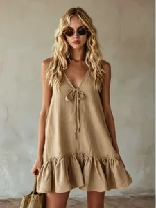 Women's 2026 Summer Casual V-Neck Sleeveless Tie-Front Ruffle Hem Loose Resort Mini Dress