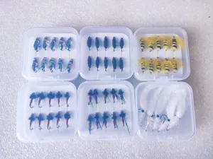 Detailed view of six clear boxes filled with various colorful fly fishing lure flies and baits.