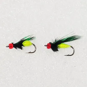Artificial fly fishing hooks with green wings and red bead for trout bass micro lure fishing.