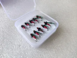 Boxed fly fishing hook set with micro lures and red black feathery artificial insect baits.