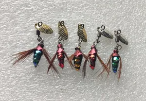 Detailed shot of 5-pack micro fishing lure spinners with feathered fly hooks for fishing.