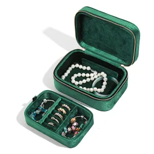 Dunkelgrüne Samt Schmuckkästchen tragbare Reise Reißverschluss Organizer Tasche Ringe.