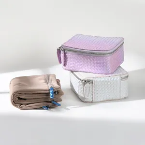 Tragbare Schmuckaufbewahrungsbox Leder Gewebtes Muster Doppelreißverschluss Mehrschichtig Reise Ring Halskette Armband Organizer Etui