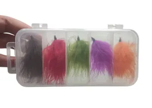 Colored feather fishing lures set in clear storage box, artificial weed baits for freshwater fishing.