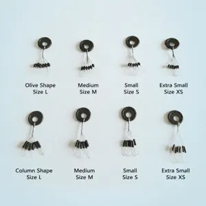 Fishing space beans rubber set, olive and cylindrical shapes in various sizes for tackle.