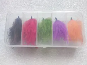 Colorful feather fishing lure set with clear storage box, simulation grass carp bait hooks.