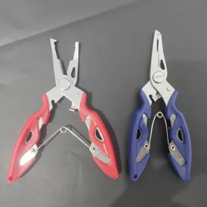 Stainless steel multifunctional fishing pliers with PE line cutter and split ring opener.